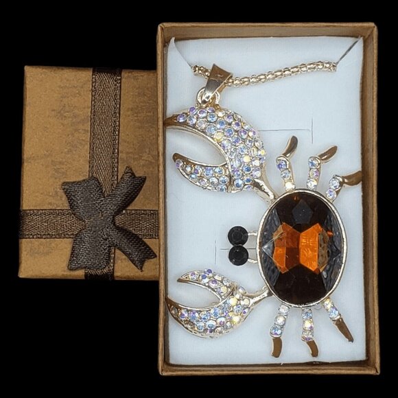Crab Amber Necklace Comes Gift Boxed Rhinestones Birthday Holiday Christmas - Picture 3 of 6